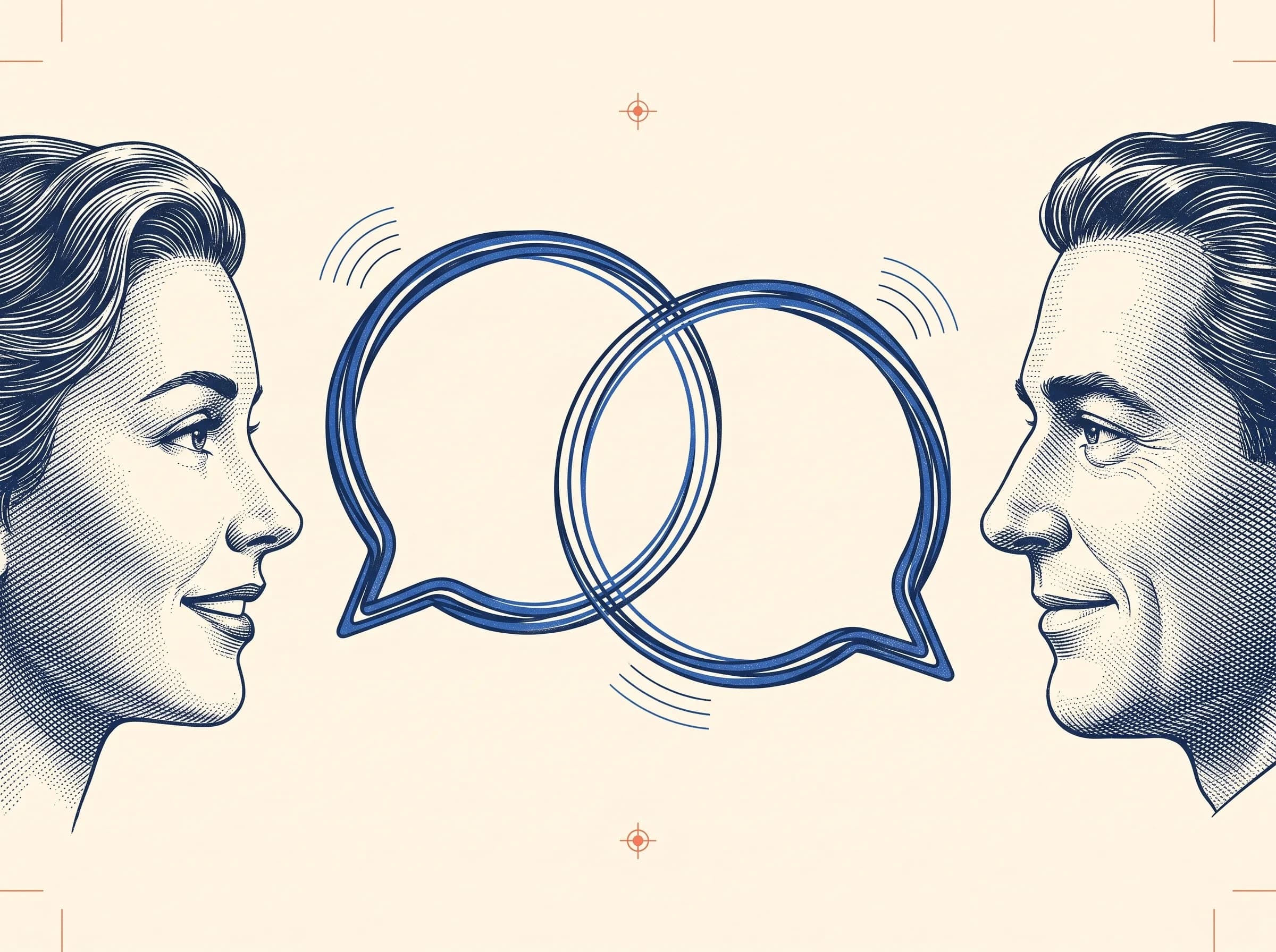 Two people connected by interwoven speech bubbles