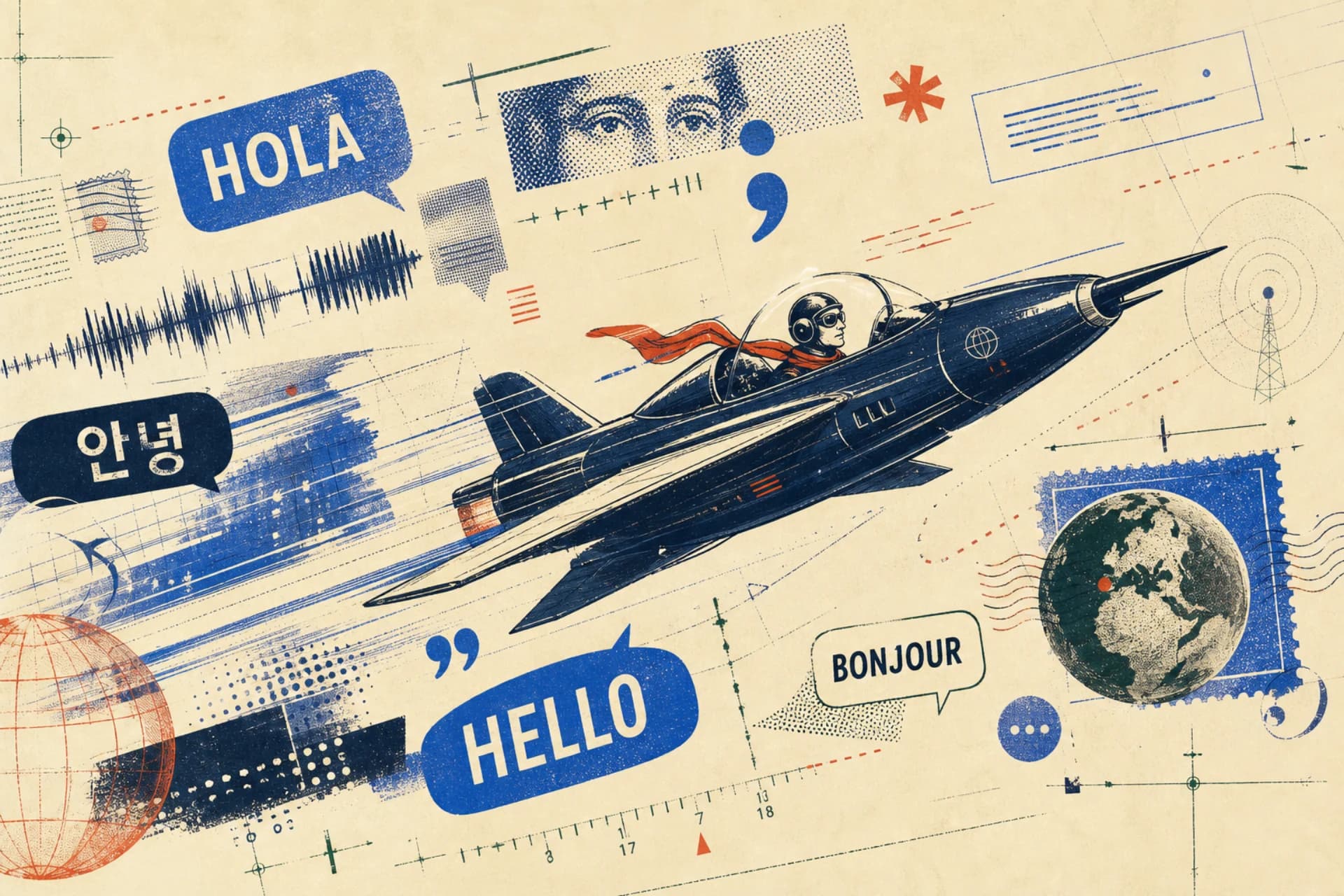 An editorial collage of a pilot carrying messages across languages