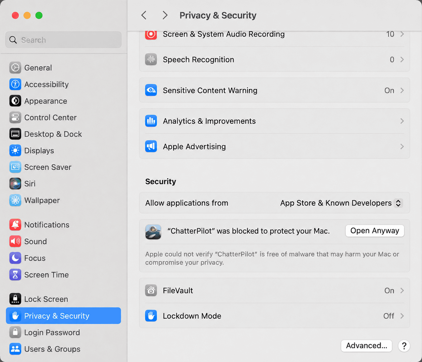 macOS Privacy and Security settings showing the ChatterPilot app icon and Open Anyway button